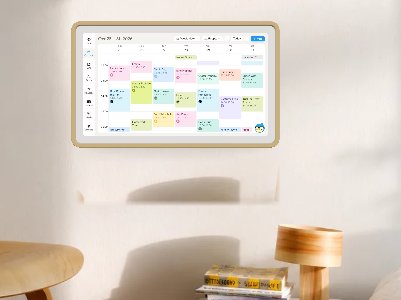 A wall-mounted family hub showing the week's calendar in a sunlit room