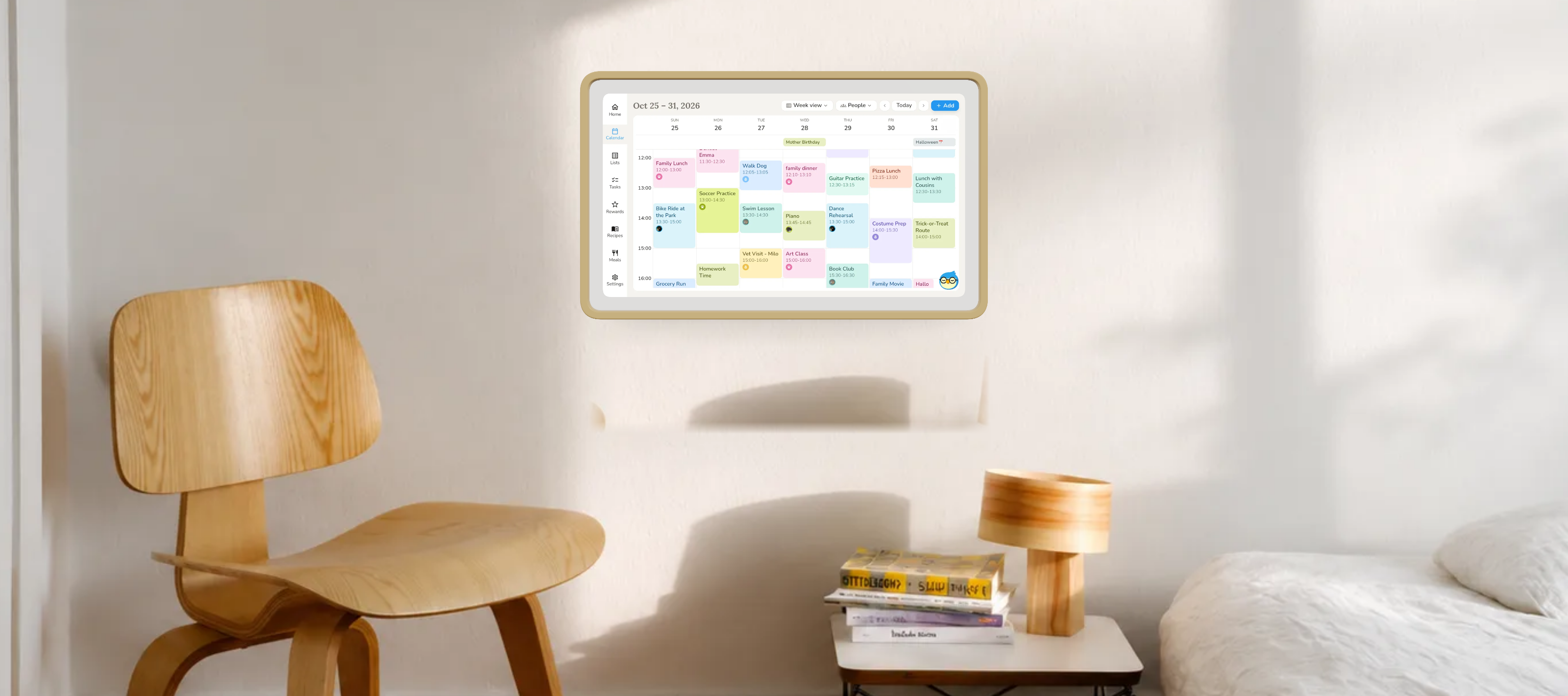 The Nestify Hub mounted on a bedroom wall, showing the family week