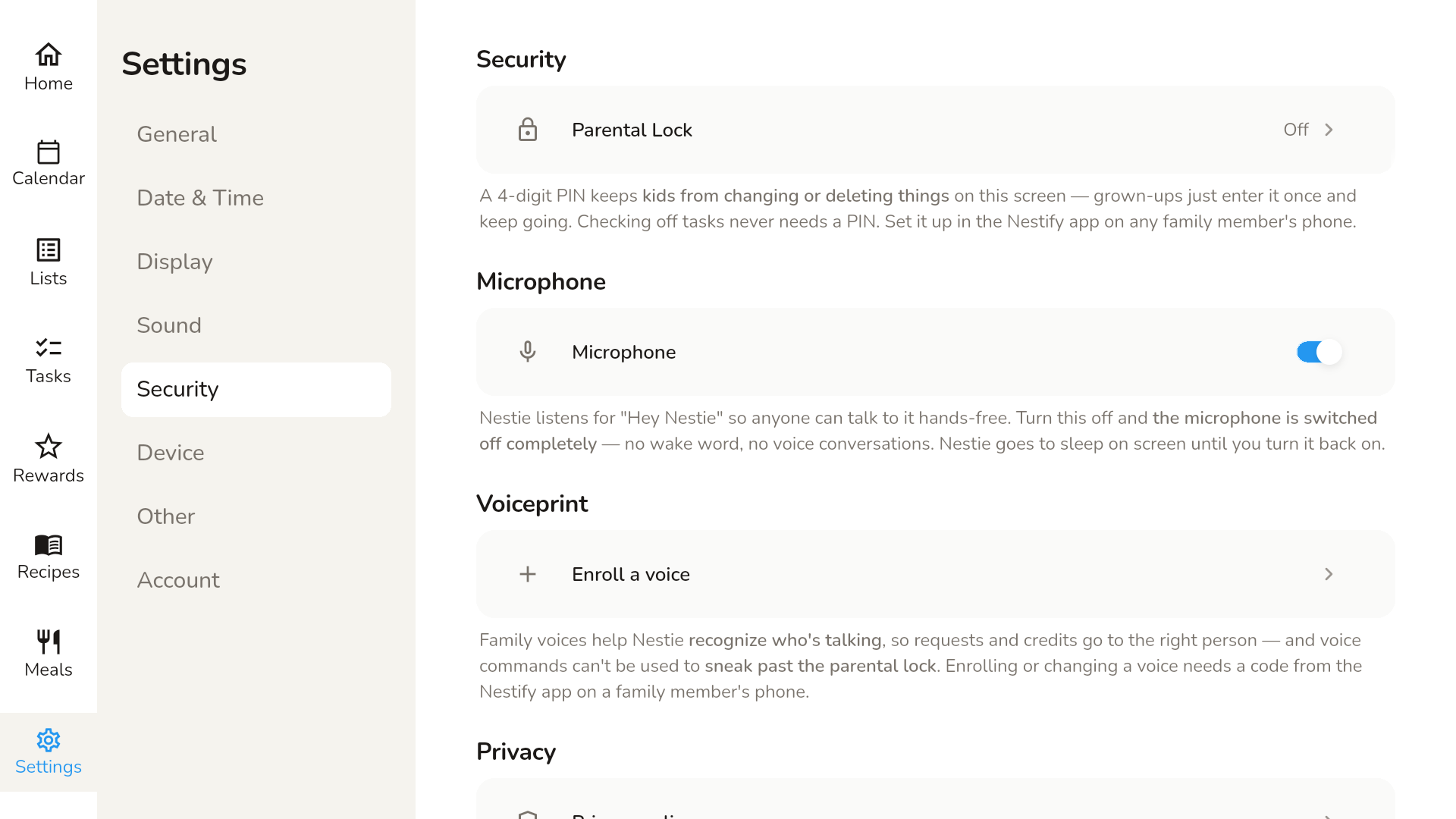 Security settings on the pad