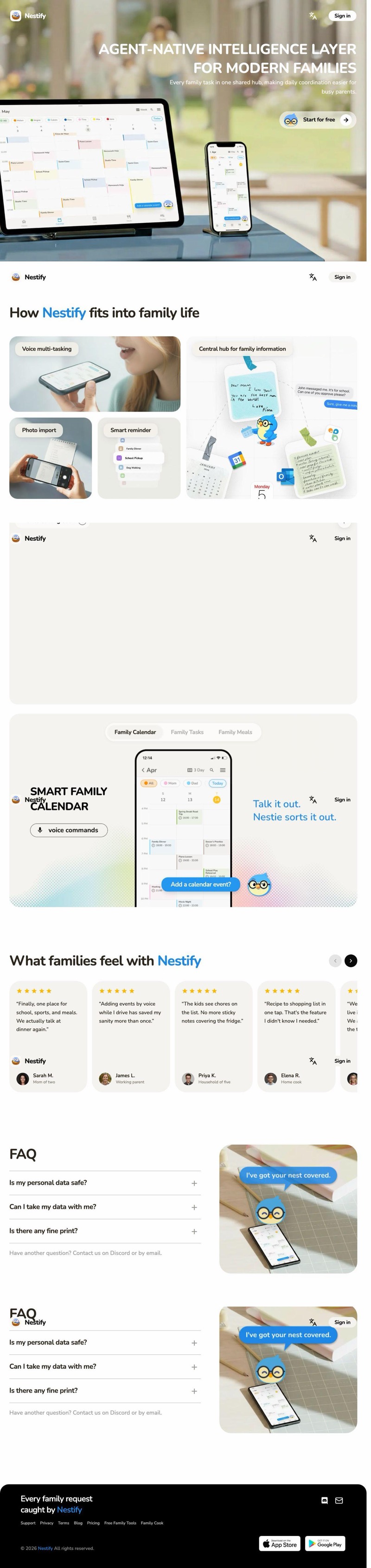 The earlier marketing site: an uppercase claim over a family photo, tablet and phone on a table