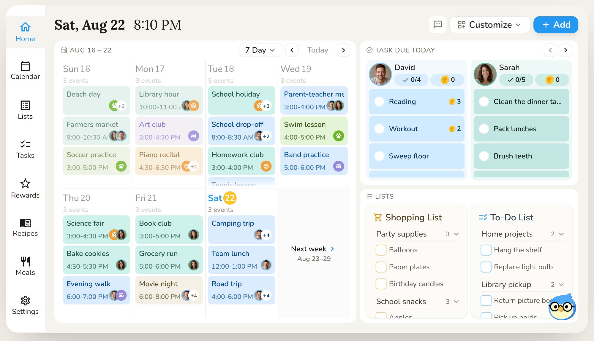 The Nestify Hub home screen: the family week, today's chores by member, and the shared lists