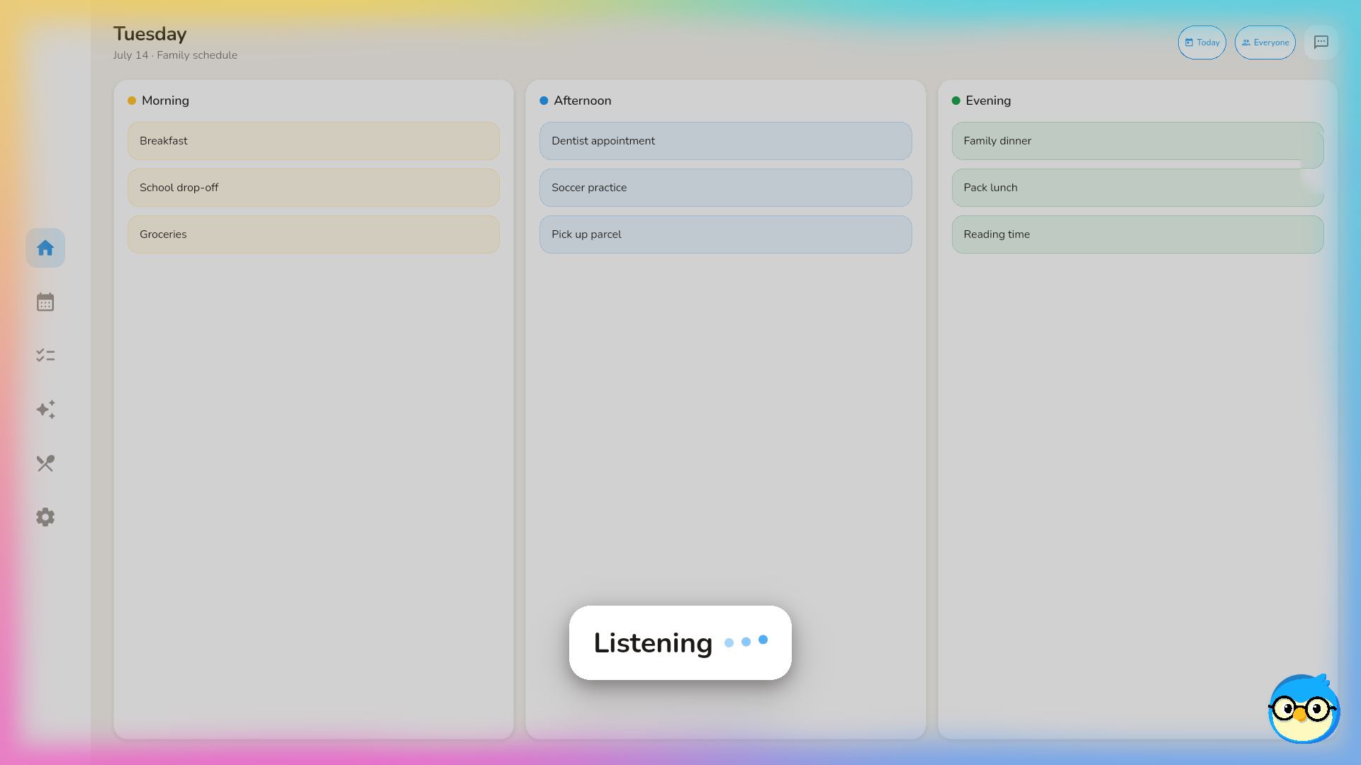 Listening: the dashboard dims and a rainbow glow runs the whole screen edge