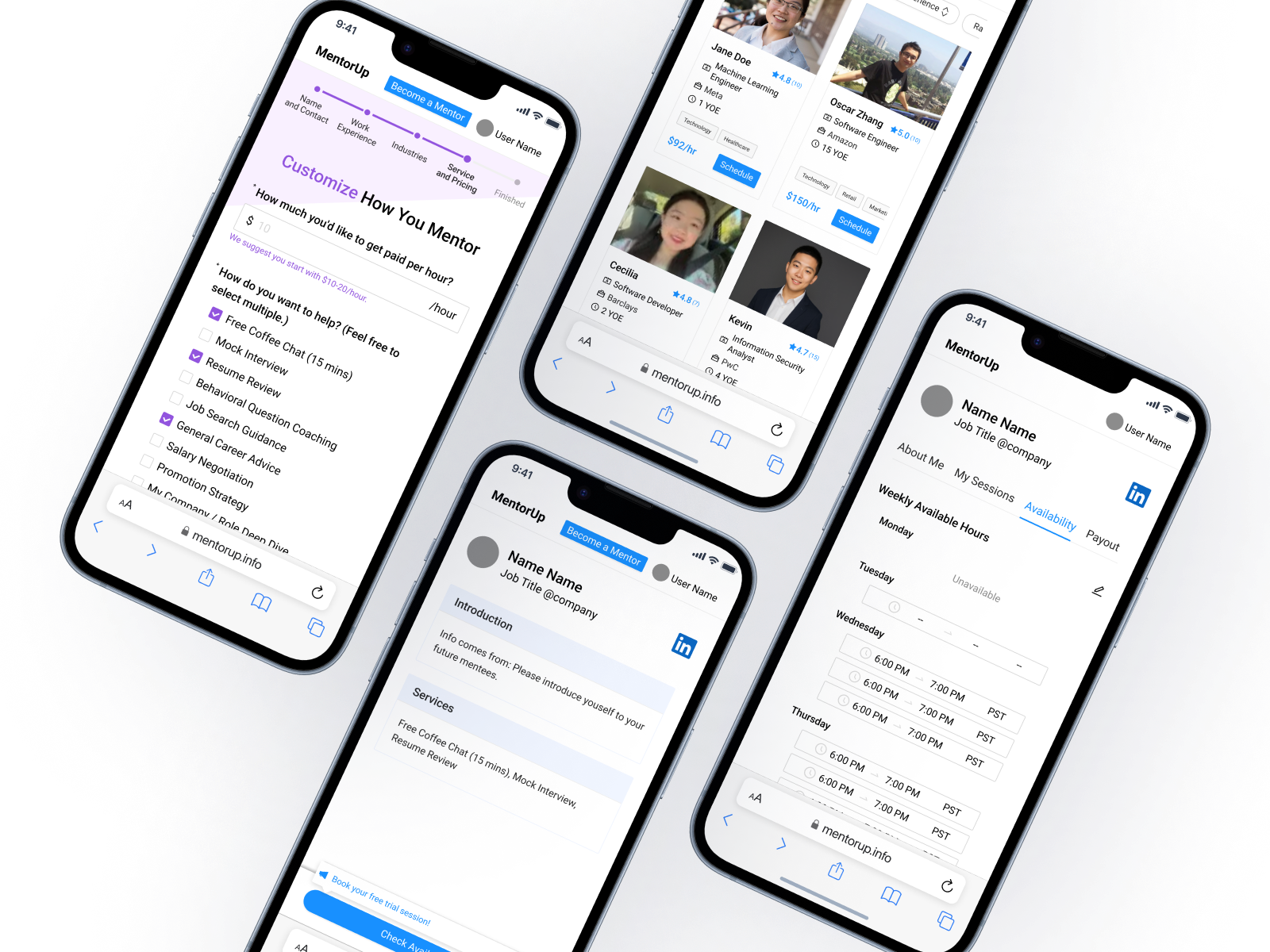 MentorUp · mobile screens for browsing, onboarding, and availability