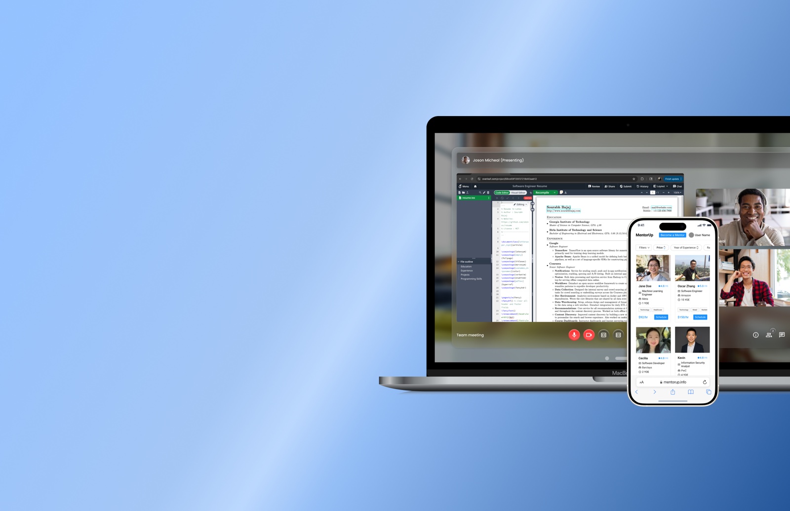 MentorUp · live mentor browsing on desktop and mobile