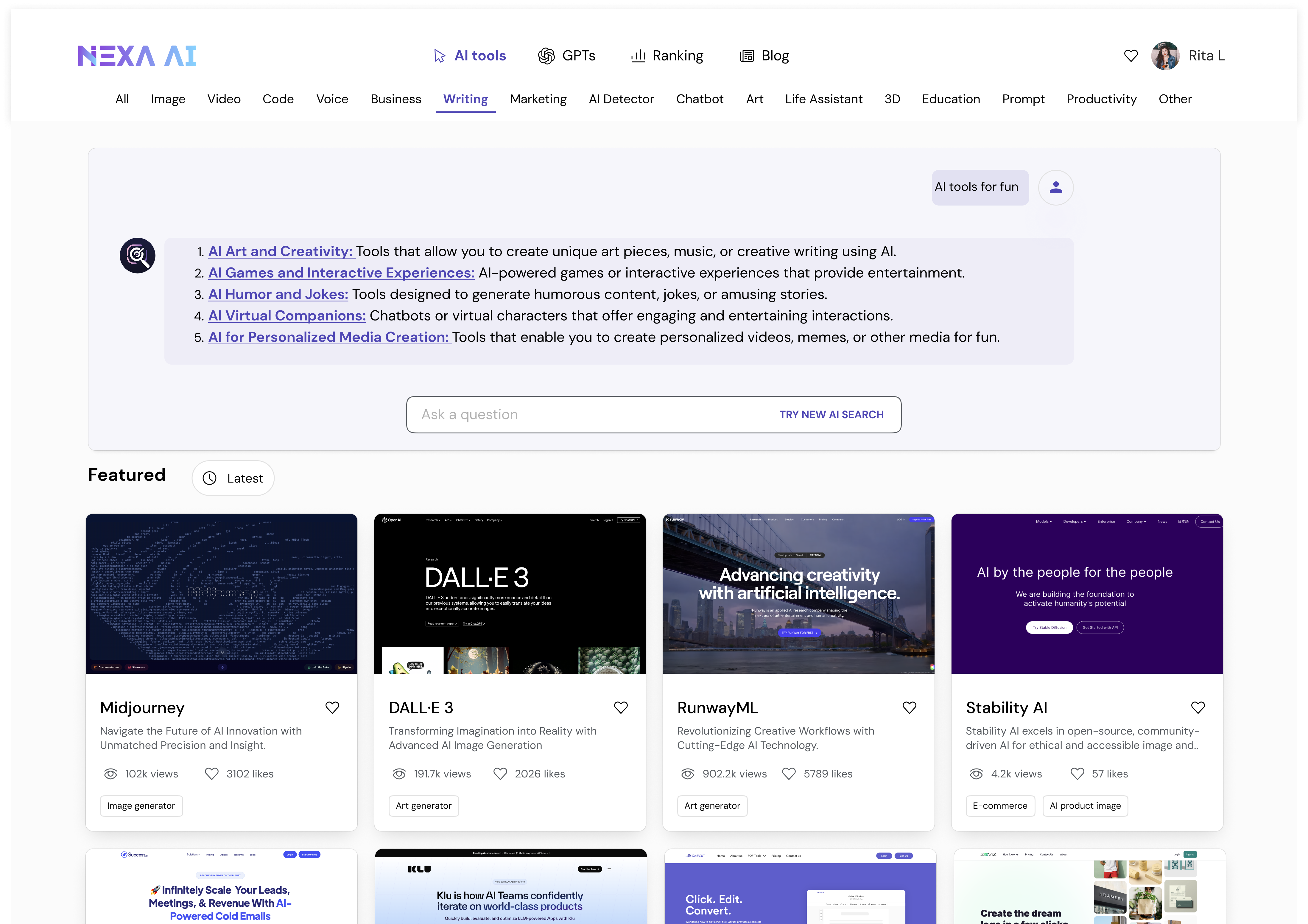 Nexa MVP — original web homepage with a 17-item category nav and low-visibility search