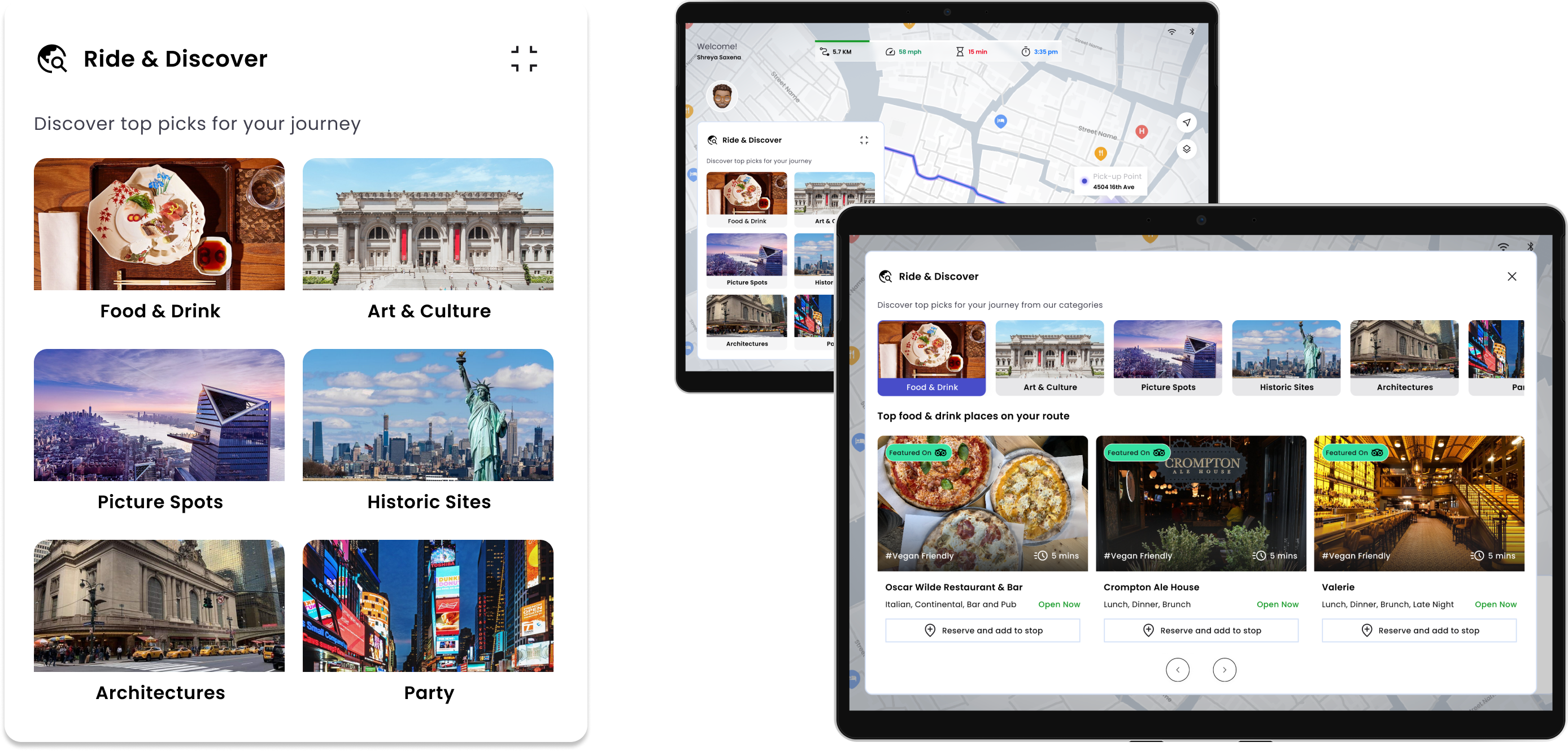 Ride and Discover feature — phone-style card on the left, two tablet screens on the right showing exploration of food, architecture, and historic sites